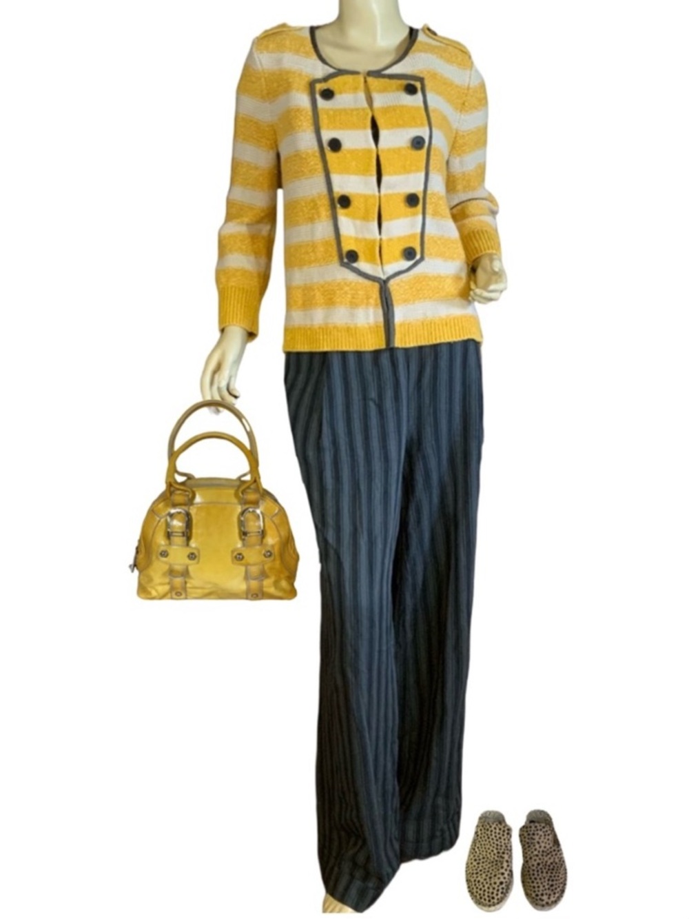 LOFT MUSTARD YELLOW, BEIGE & GRAY STRIPED COTTON CARDIGAN SWEATER (M)